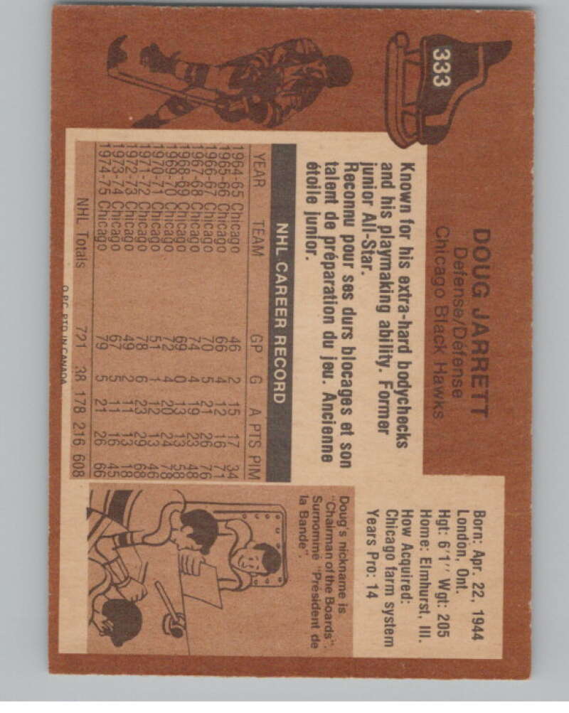 1975-76 O-Pee-Chee #333 Doug Jarrett Hockey Chicago Blackhawks  V104019 Image 2