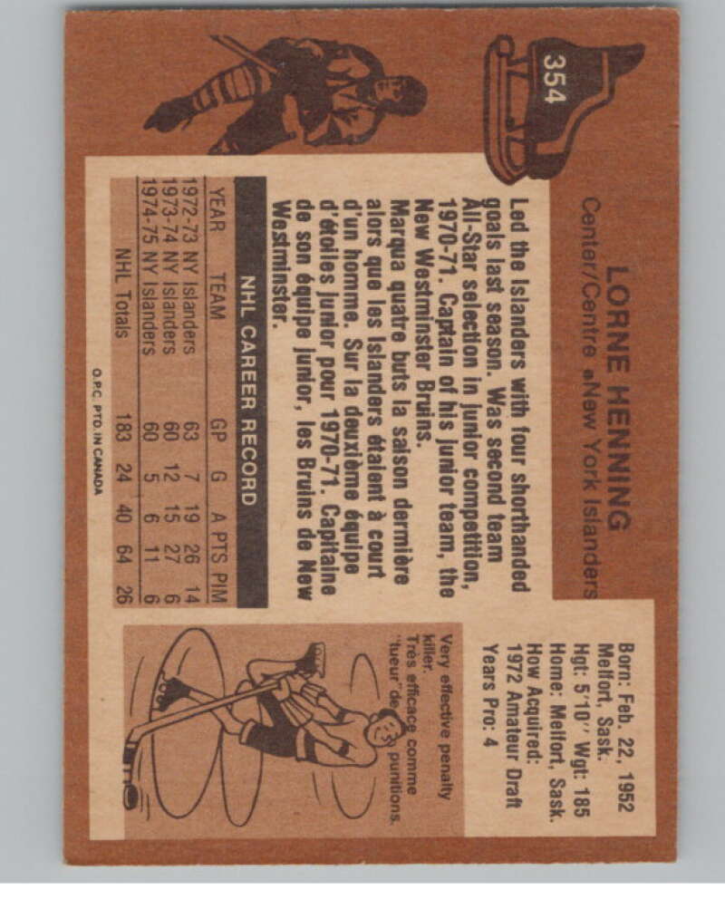 1975-76 O-Pee-Chee #354 Lorne Henning Hockey New York Islanders  V104021 Image 2