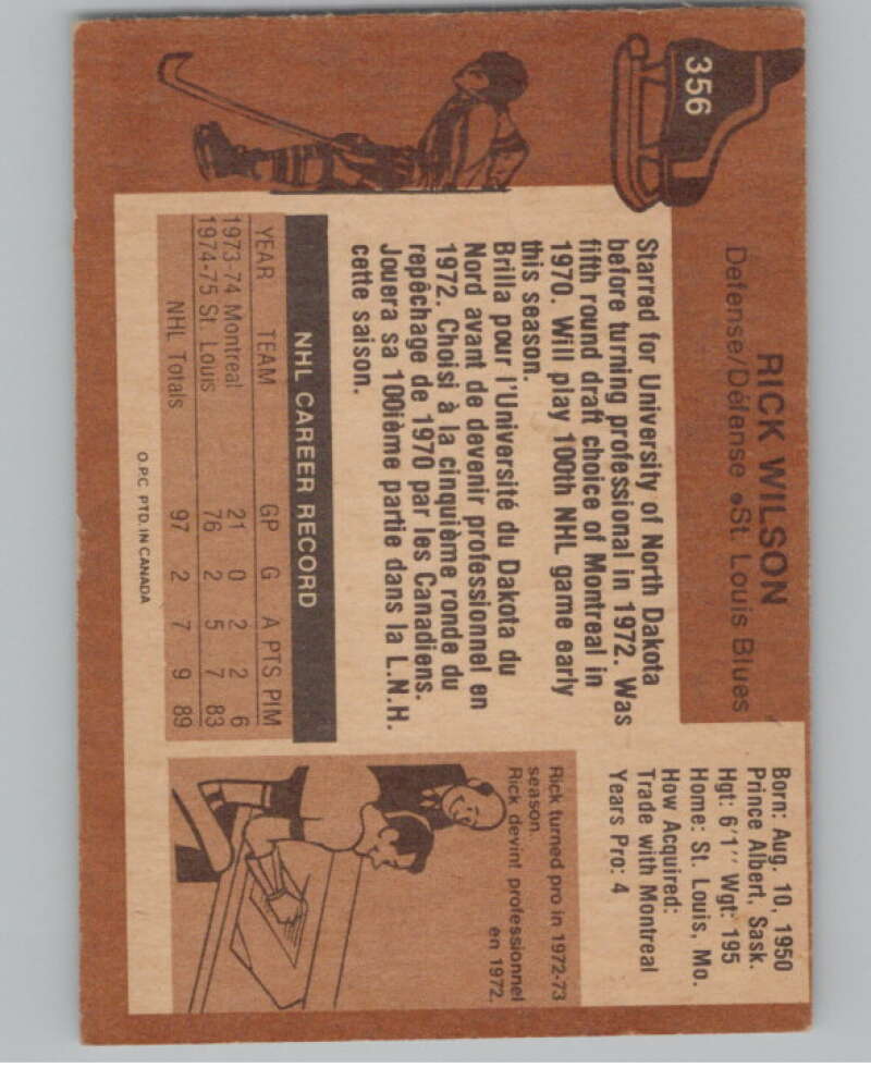 1975-76 O-Pee-Chee #356 Rick Wilson Hockey St. Louis Blues  V104022 Image 2