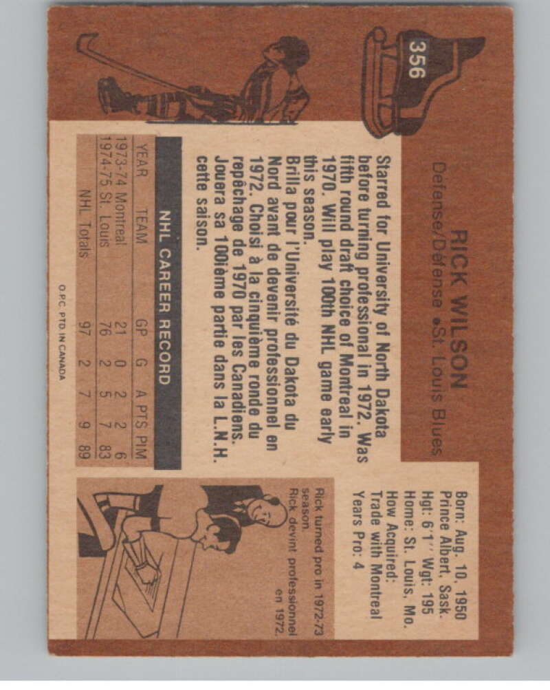 1975-76 O-Pee-Chee #356 Rick Wilson Hockey St. Louis Blues  V104023 Image 2