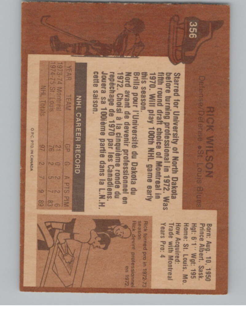 1975-76 O-Pee-Chee #356 Rick Wilson Hockey St. Louis Blues  V104024 Image 2