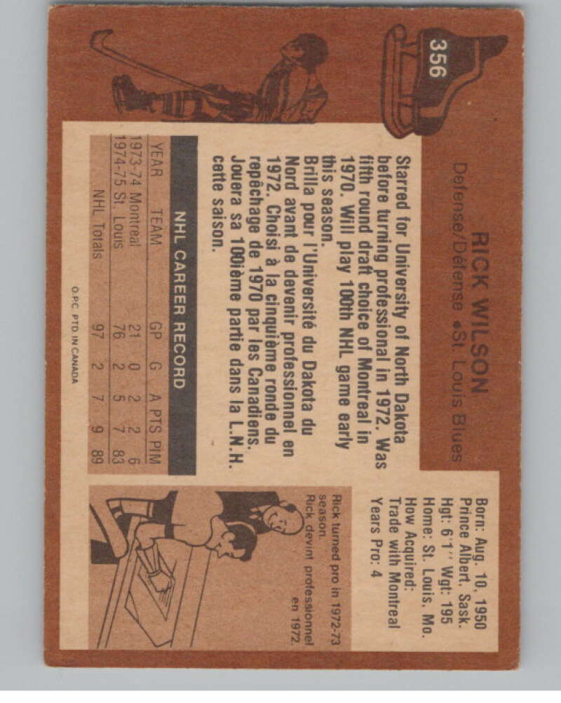 1975-76 O-Pee-Chee #356 Rick Wilson Hockey St. Louis Blues  V104025 Image 2