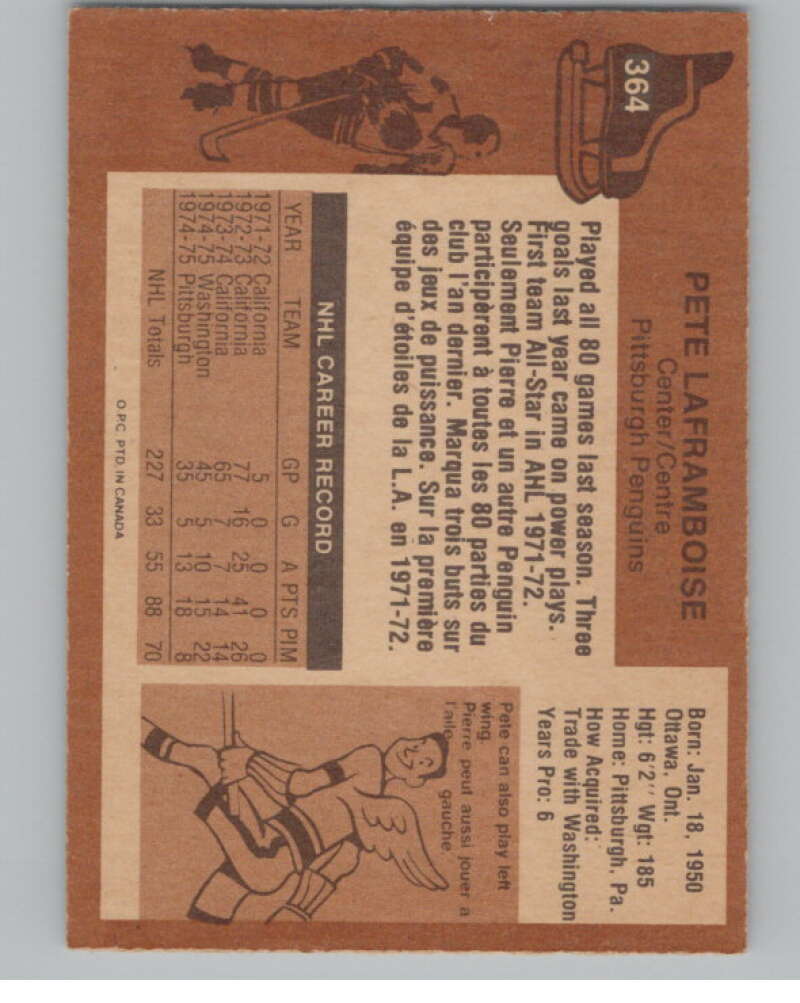 1975-76 O-Pee-Chee #364 Pete Laframboise Hockey Pittsburgh Penguins  V104026 Image 2