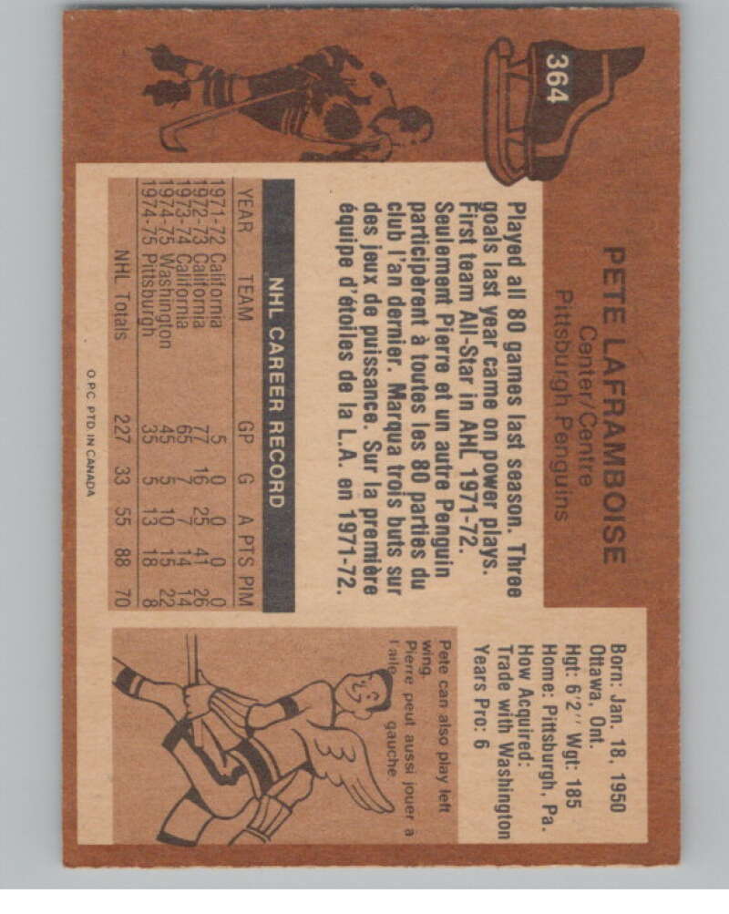 1975-76 O-Pee-Chee #364 Pete Laframboise Hockey Pittsburgh Penguins  V104027 Image 2