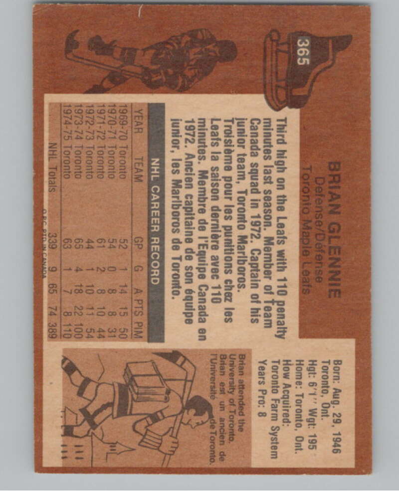1975-76 O-Pee-Chee #365 Brian Glennie Hockey Toronto Maple Leafs  V104028 Image 2