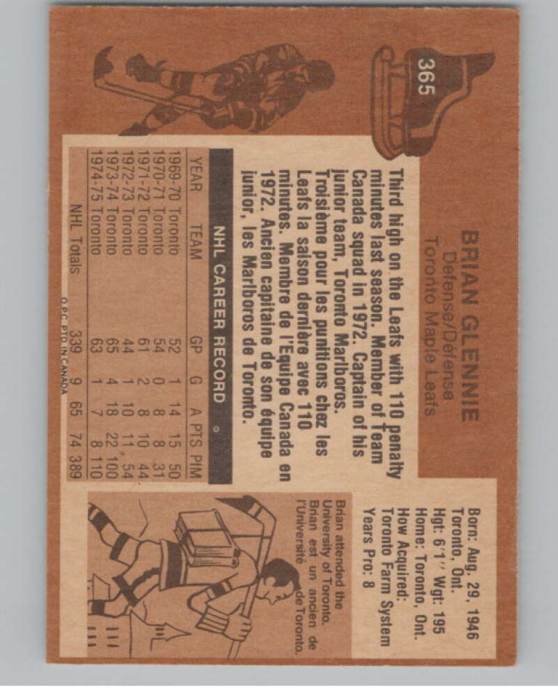 1975-76 O-Pee-Chee #365 Brian Glennie Hockey Toronto Maple Leafs  V104029 Image 2