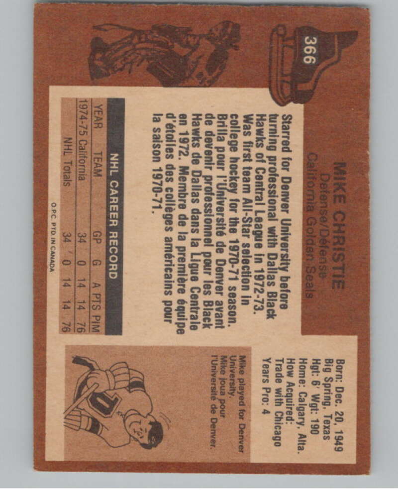 1975-76 O-Pee-Chee #366 Mike Christie Hockey California Golden Seals  V104031 Image 2