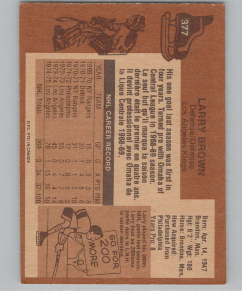 1975-76 O-Pee-Chee #377 Larry Brown Hockey Los Angeles Kings  V104034 Image 2