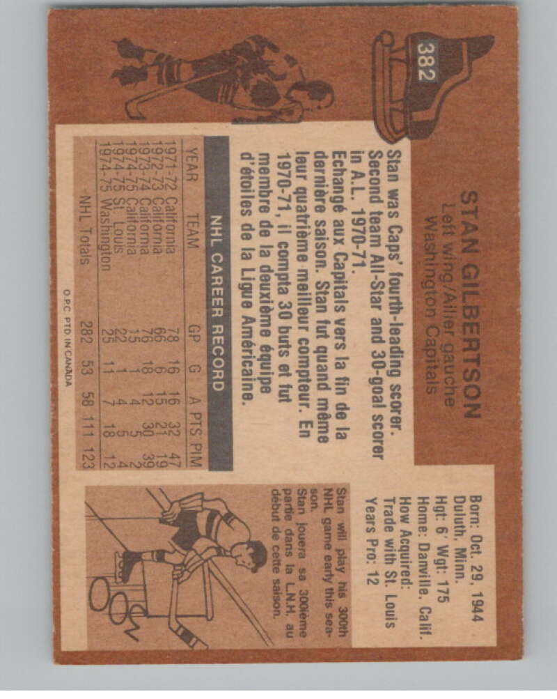 1975-76 O-Pee-Chee #382 Stan Gilbertson UER Hockey Washington Capitals  V104035 Image 2