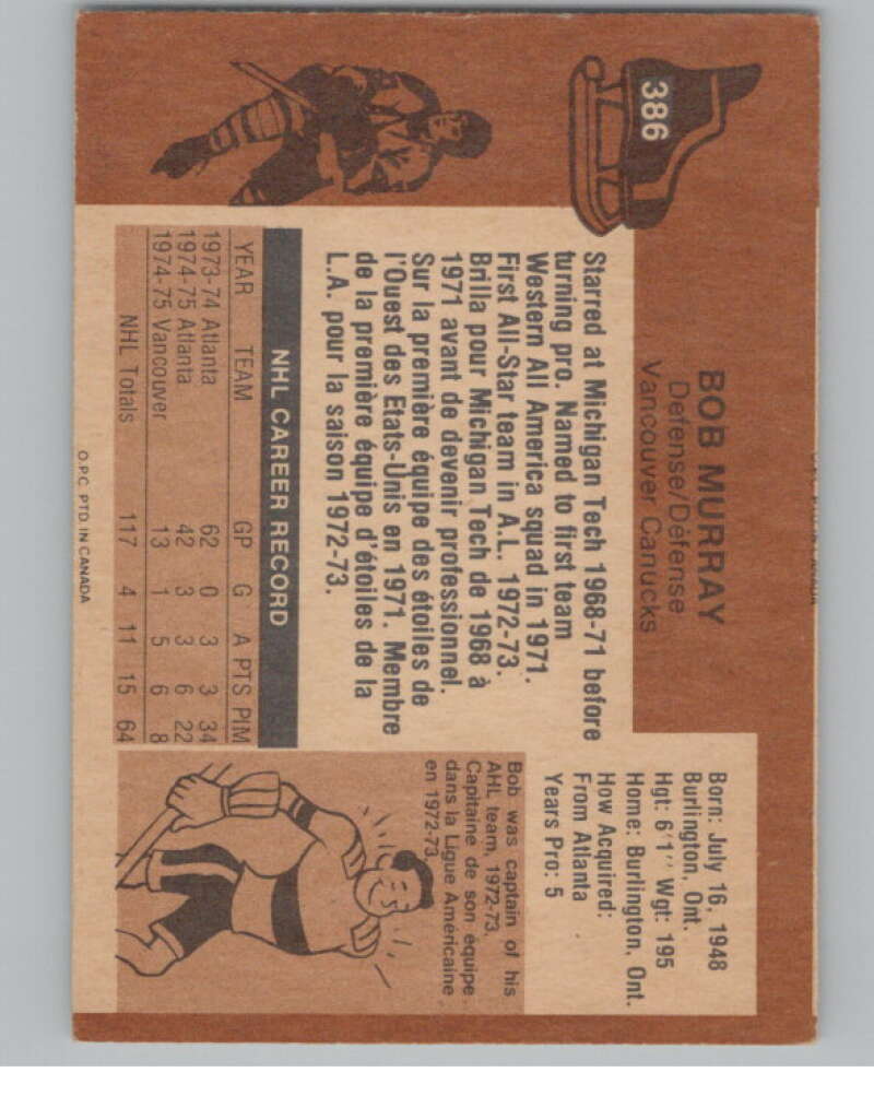 1975-76 O-Pee-Chee #386 Bob Murray Hockey Vancouver Canucks  V104036 Image 2