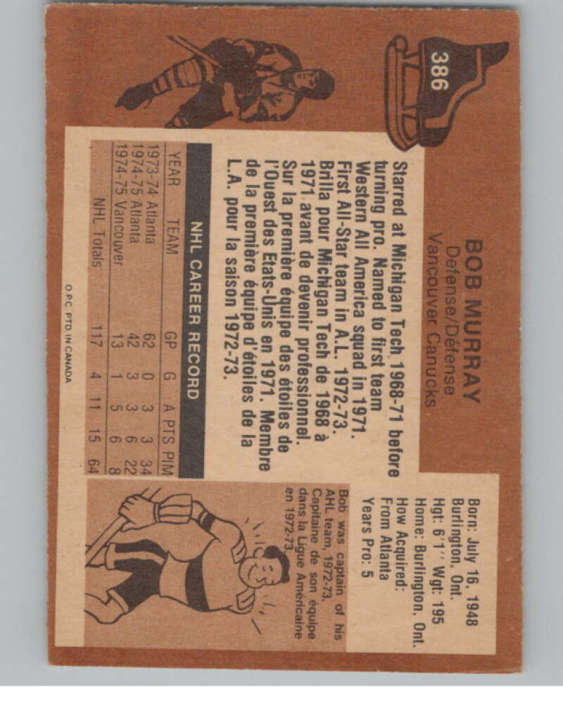 1975-76 O-Pee-Chee #386 Bob Murray Hockey Vancouver Canucks  V104038 Image 2