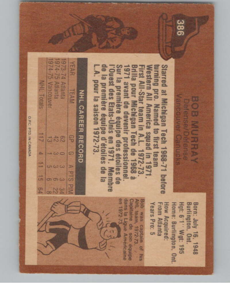 1975-76 O-Pee-Chee #386 Bob Murray Hockey Vancouver Canucks  V104039 Image 2