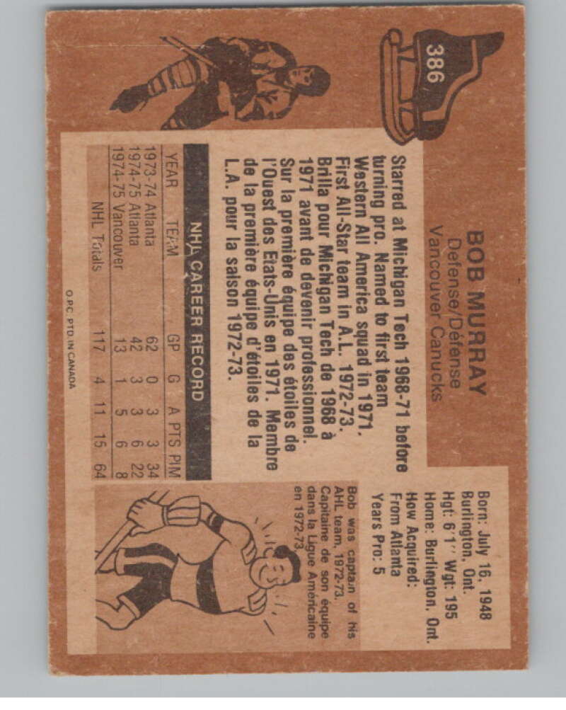 1975-76 O-Pee-Chee #386 Bob Murray Hockey Vancouver Canucks  V104040 Image 2