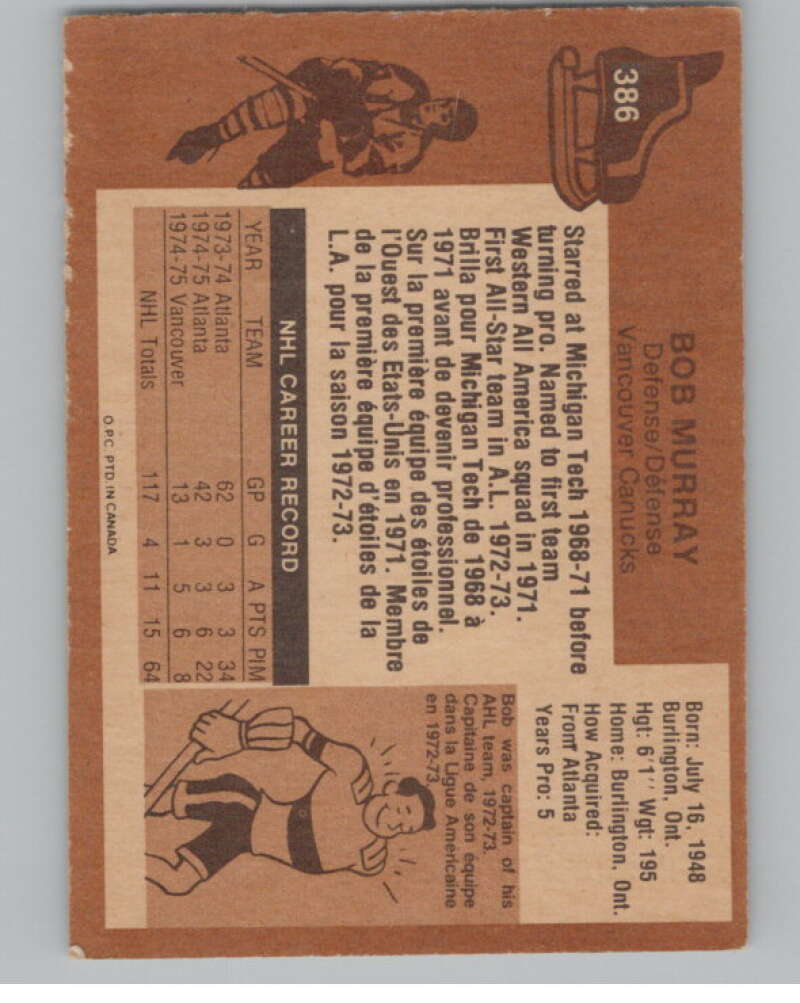 1975-76 O-Pee-Chee #386 Bob Murray Hockey Vancouver Canucks  V104041 Image 2