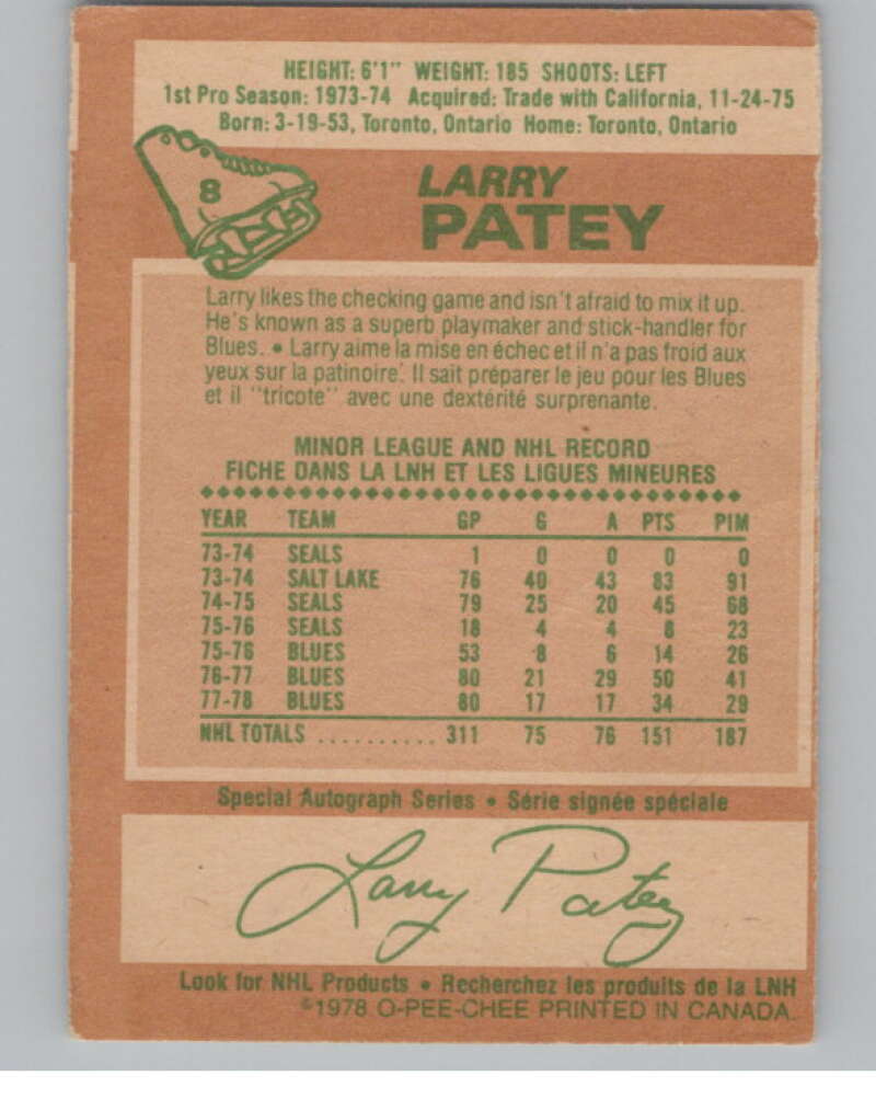 1978-79 O-Pee-Chee #8 Larry Patey  Hockey St. Louis Blues  V104042 Image 2