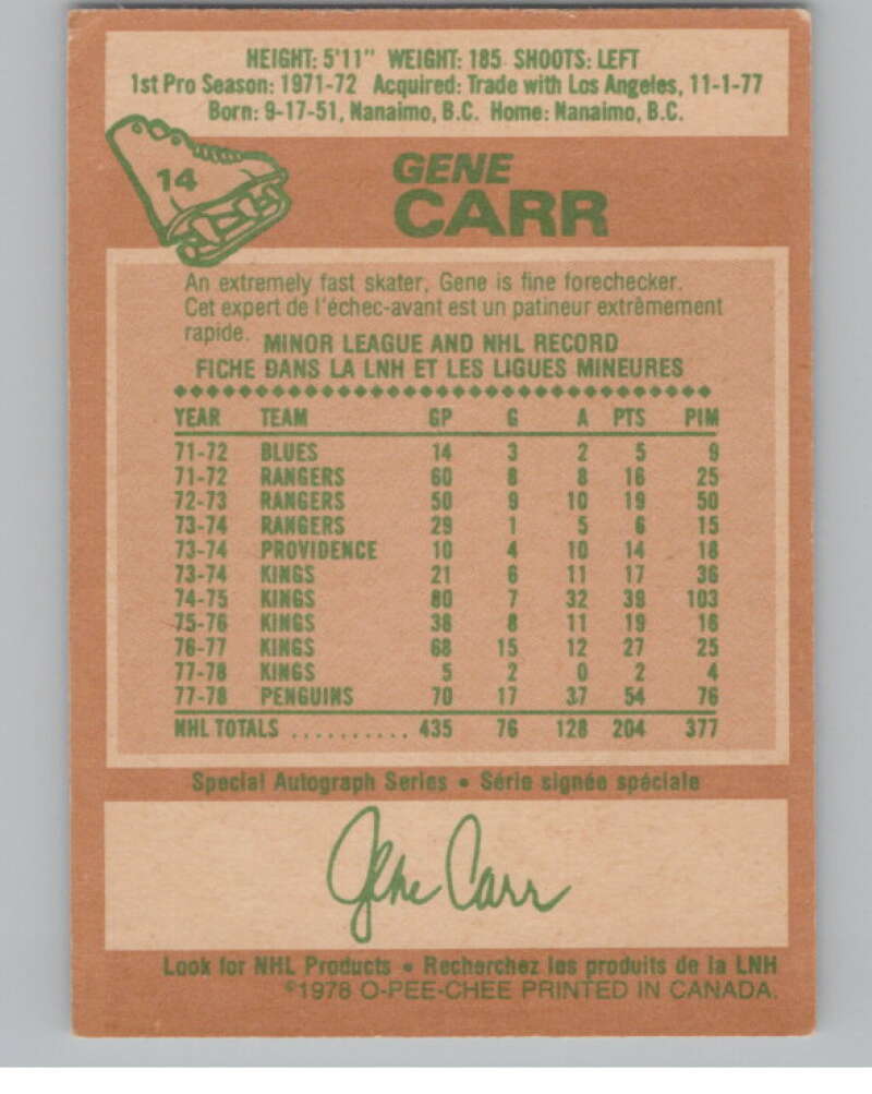 1978-79 O-Pee-Chee #14 Gene Carr  Hockey Atlanta Flames  V104043 Image 2