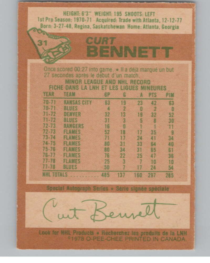 1978-79 O-Pee-Chee #31 Curt Bennett  Hockey St. Louis Blues  V104045 Image 2