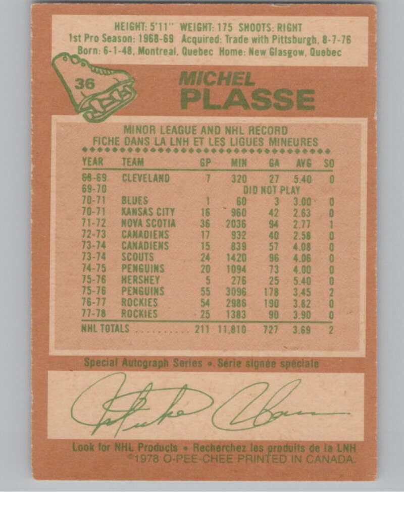 1978-79 O-Pee-Chee #36 Michel Plasse  Hockey Colorado Rockies  V104046 Image 2
