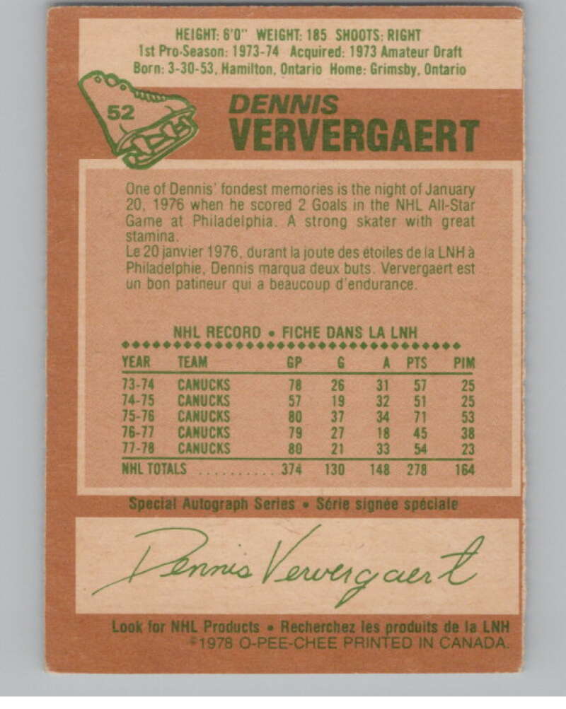 1978-79 O-Pee-Chee #52 Dennis Ververgaert  Hockey Canucks  V104048 Image 2