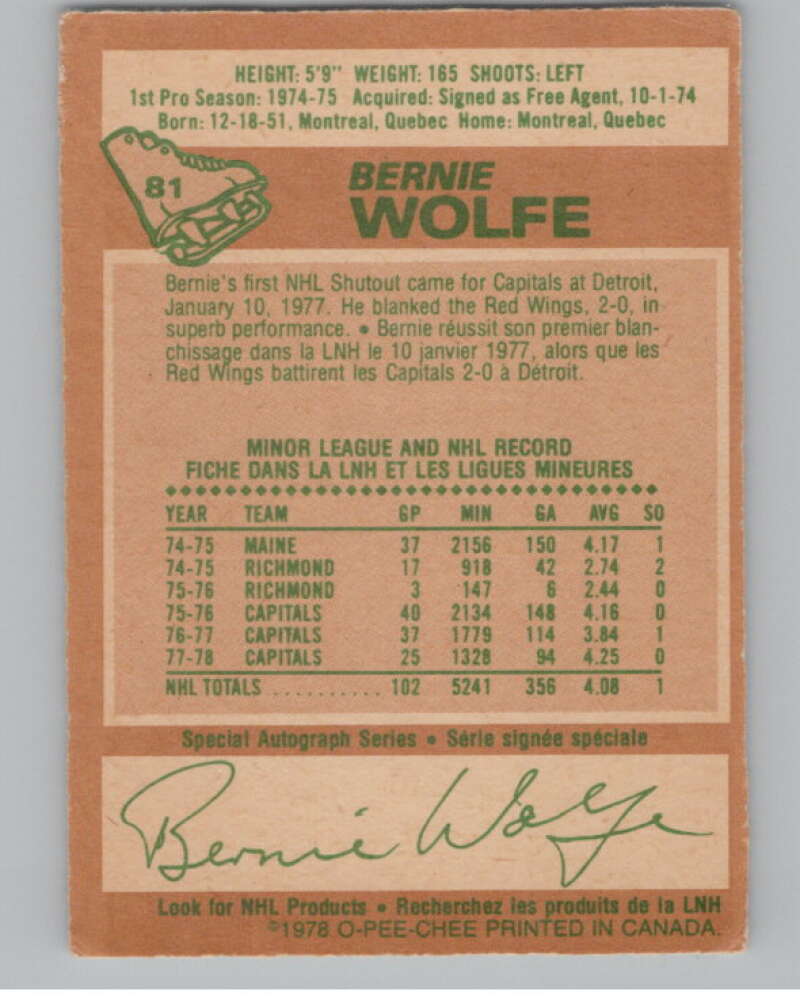 1978-79 O-Pee-Chee #81 Bernie Wolfe  Hockey Washington Capitals  V104051 Image 2