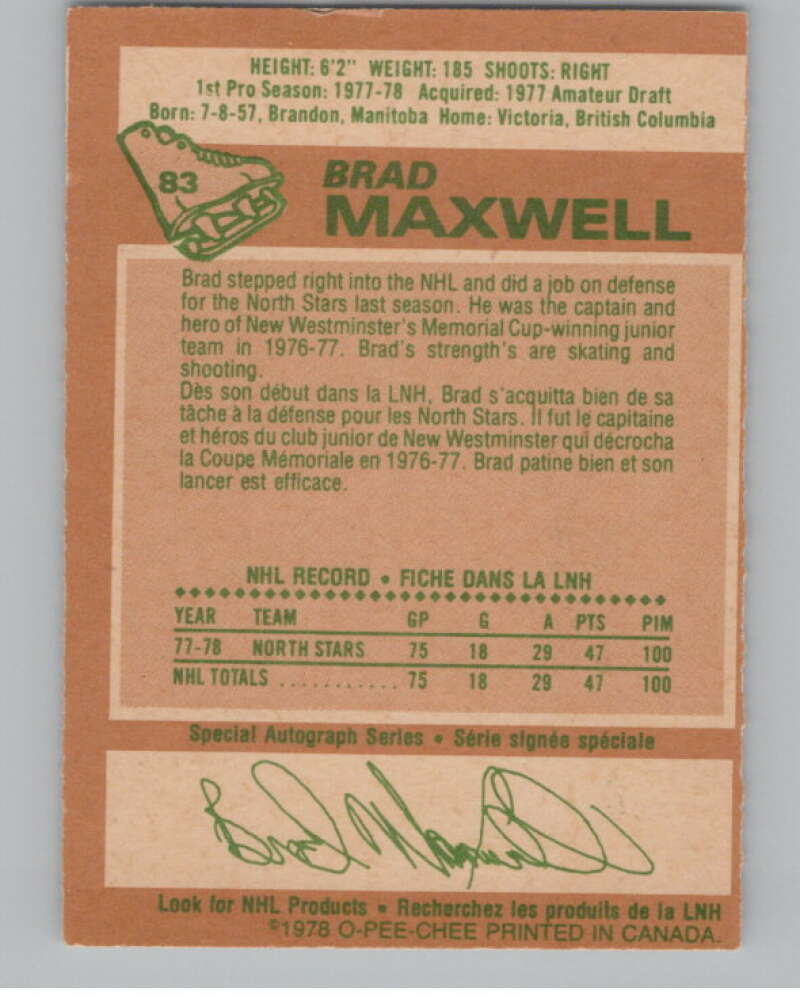 1978-79 O-Pee-Chee #83 Brad Maxwell  Hockey RC Rookie North Stars  V104053 Image 2