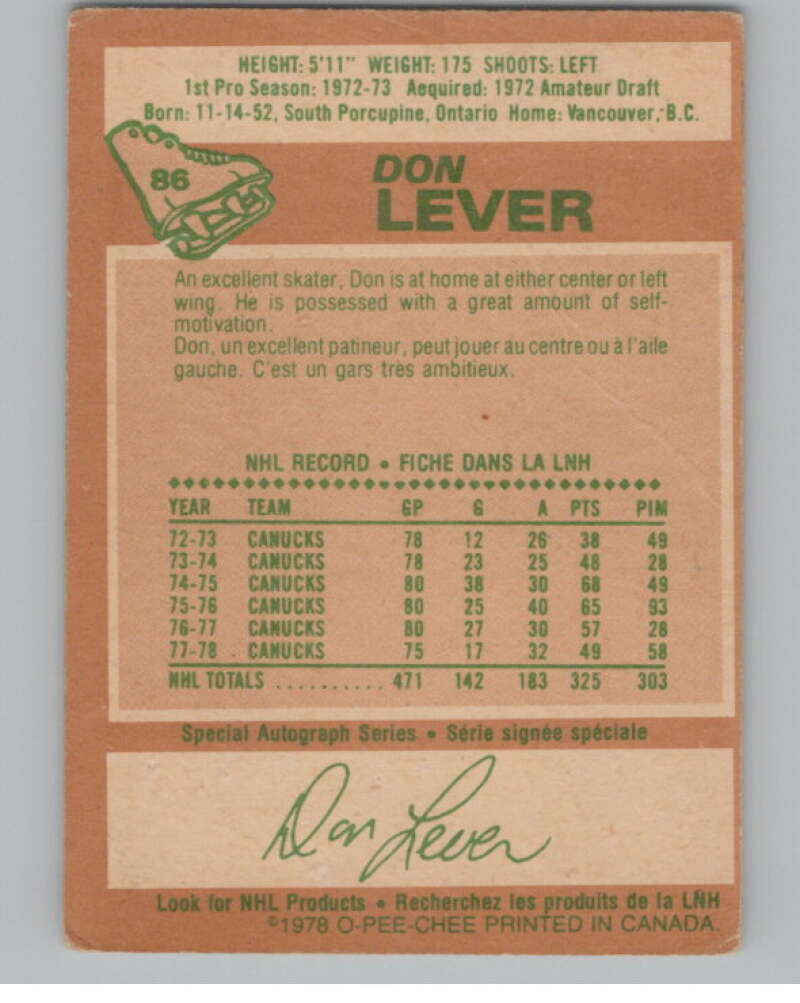 1978-79 O-Pee-Chee #86 Don Lever  Hockey Vancouver Canucks  V104054 Image 2