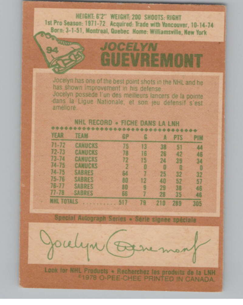 1978-79 O-Pee-Chee #94 Jocelyn Guevremont  Hockey Buffalo Sabres  V104055 Image 2