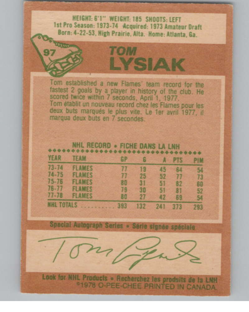 1978-79 O-Pee-Chee #97 Tom Lysiak  Hockey Atlanta Flames  V104056 Image 2