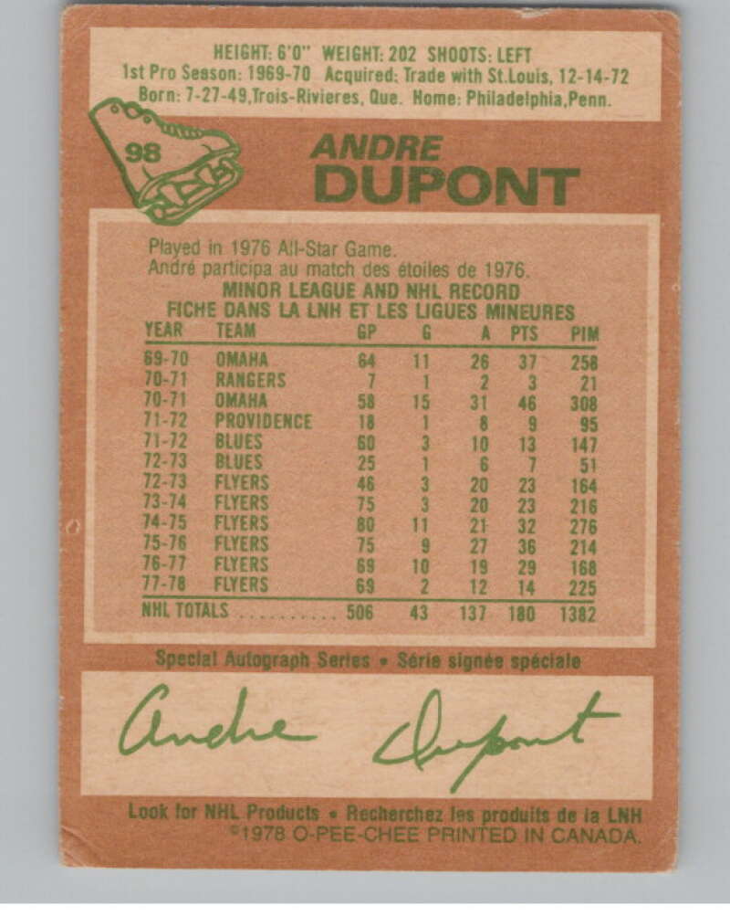 1978-79 O-Pee-Chee #98 Andre Dupont  Hockey Philadelphia Flyers  V104057 Image 2