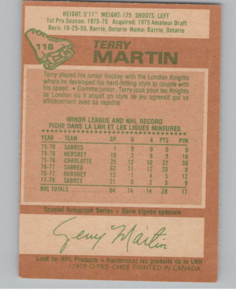 1978-79 O-Pee-Chee #118 Terry Martin  Hockey Buffalo Sabres  V104063 Image 2