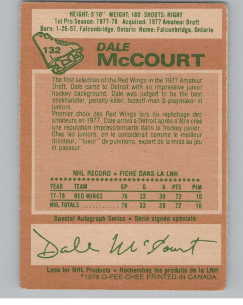 1978-79 O-Pee-Chee #132 Dale McCourt  Hockey RC Rookie Red Wings  V104066 Image 2