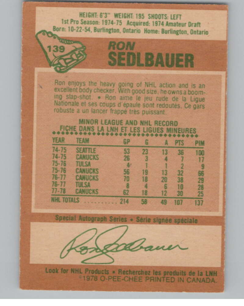 1978-79 O-Pee-Chee #139 Ron Sedlbauer  Hockey Vancouver Canucks  V104069 Image 2