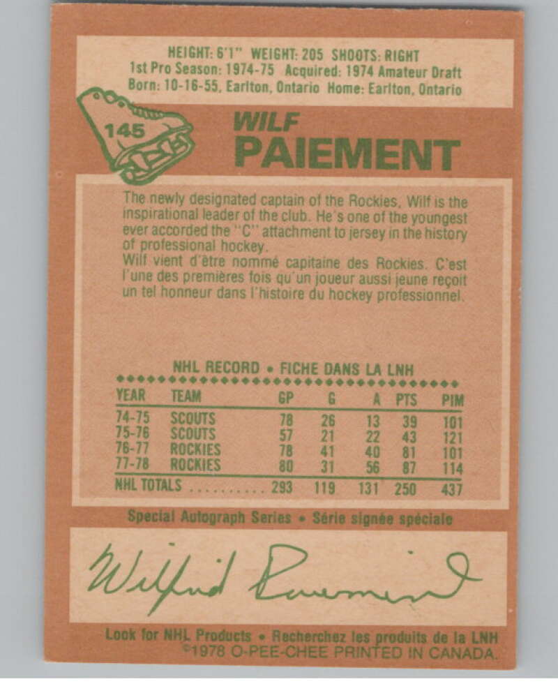 1978-79 O-Pee-Chee #145 Wilf Paiement  Hockey Colorado Rockies  V104071 Image 2