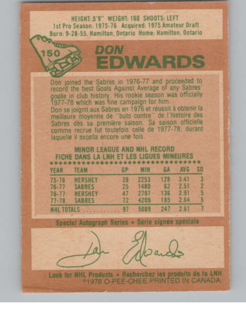 1978-79 O-Pee-Chee #150 Don Edwards AS  Hockey Buffalo Sabres  V104073 Image 2