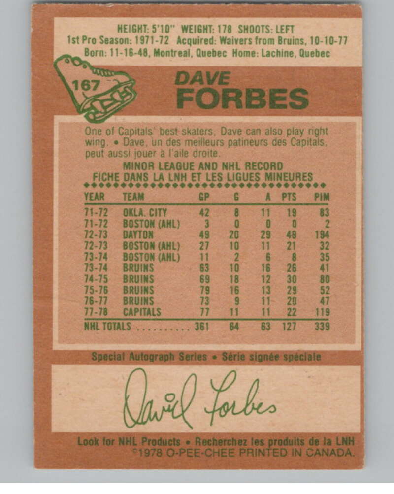 1978-79 O-Pee-Chee #167 Dave Forbes  Hockey Washington Capitals  V104075 Image 2