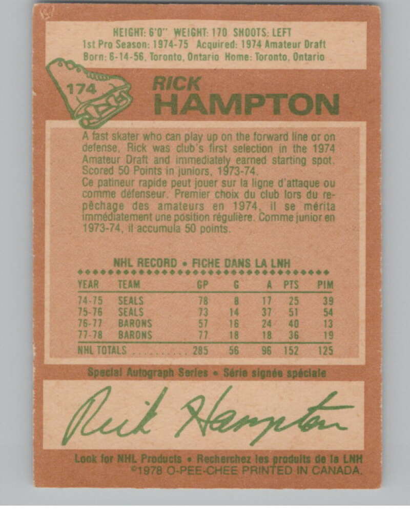 1978-79 O-Pee-Chee #174 Rick Hampton  Hockey Los Angeles Kings  V104077 Image 2