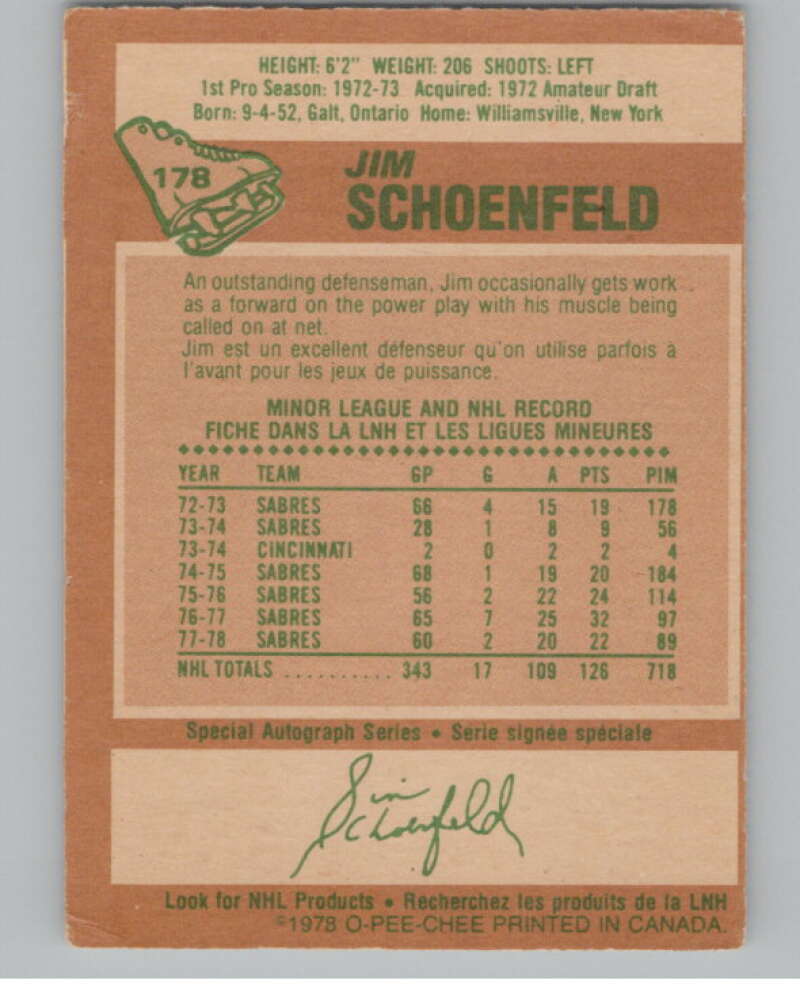 1978-79 O-Pee-Chee #178 Jim Schoenfeld  Hockey Buffalo Sabres  V104078 Image 2