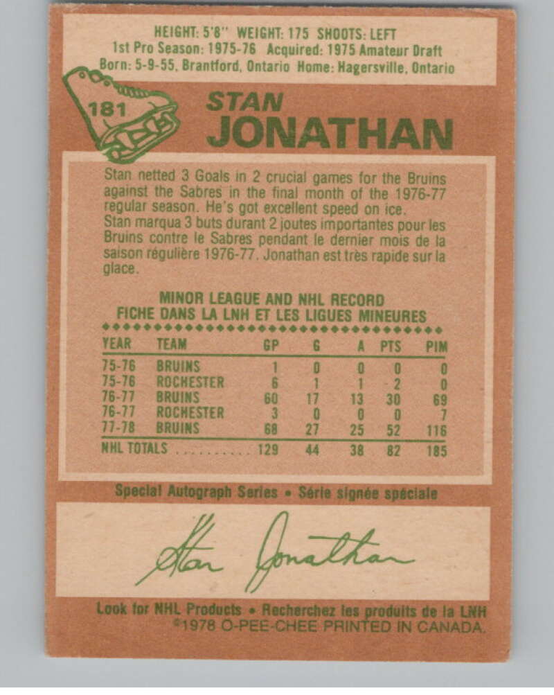 1978-79 O-Pee-Chee #181 Stan Jonathan  Hockey Boston Bruins  V104080 Image 2