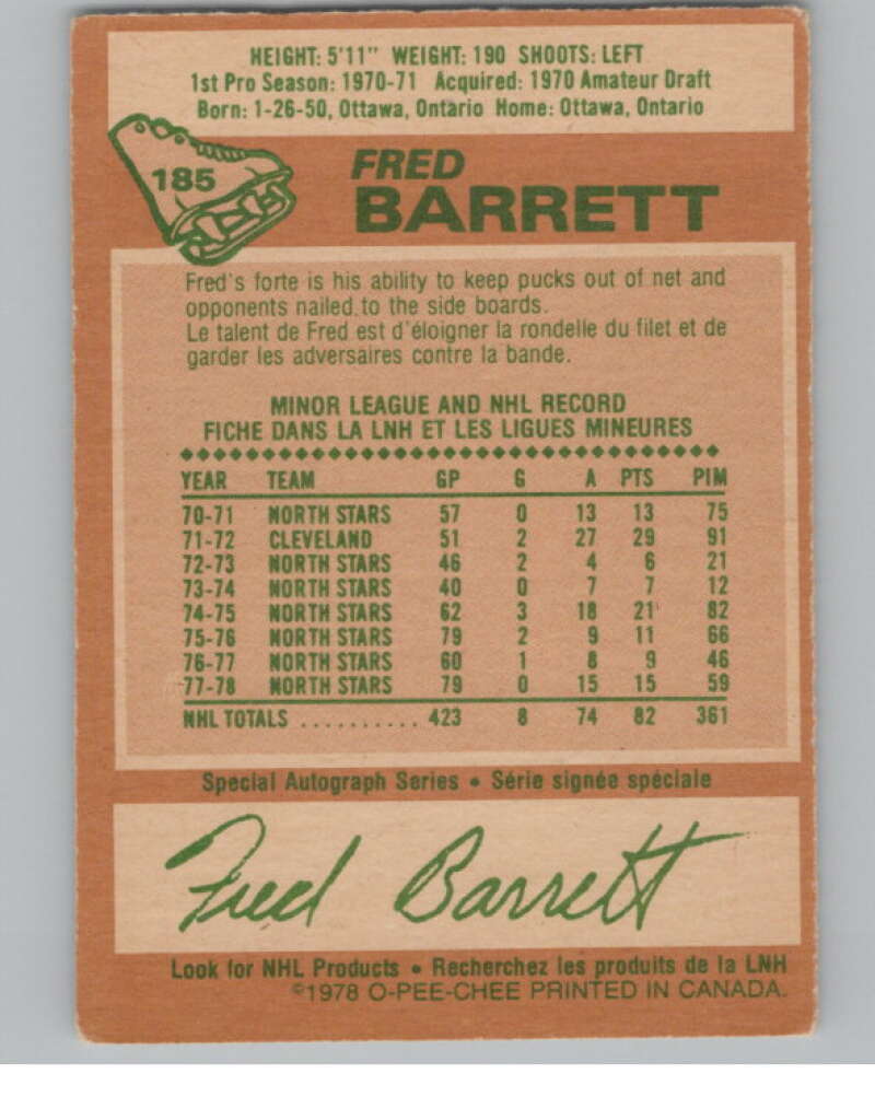 1978-79 O-Pee-Chee #185 Fred Barrett  Hockey Minnesota North Stars  V104082 Image 2