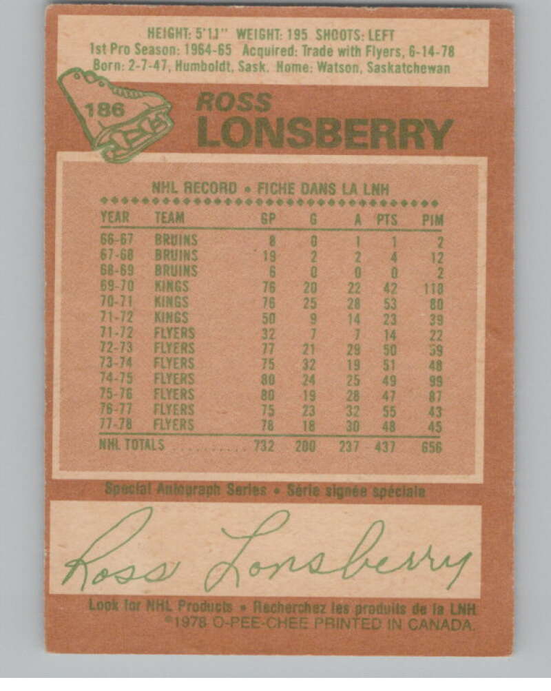 1978-79 O-Pee-Chee #186 Ross Lonsberry  Hockey Pittsburgh Penguins  V104083 Image 2