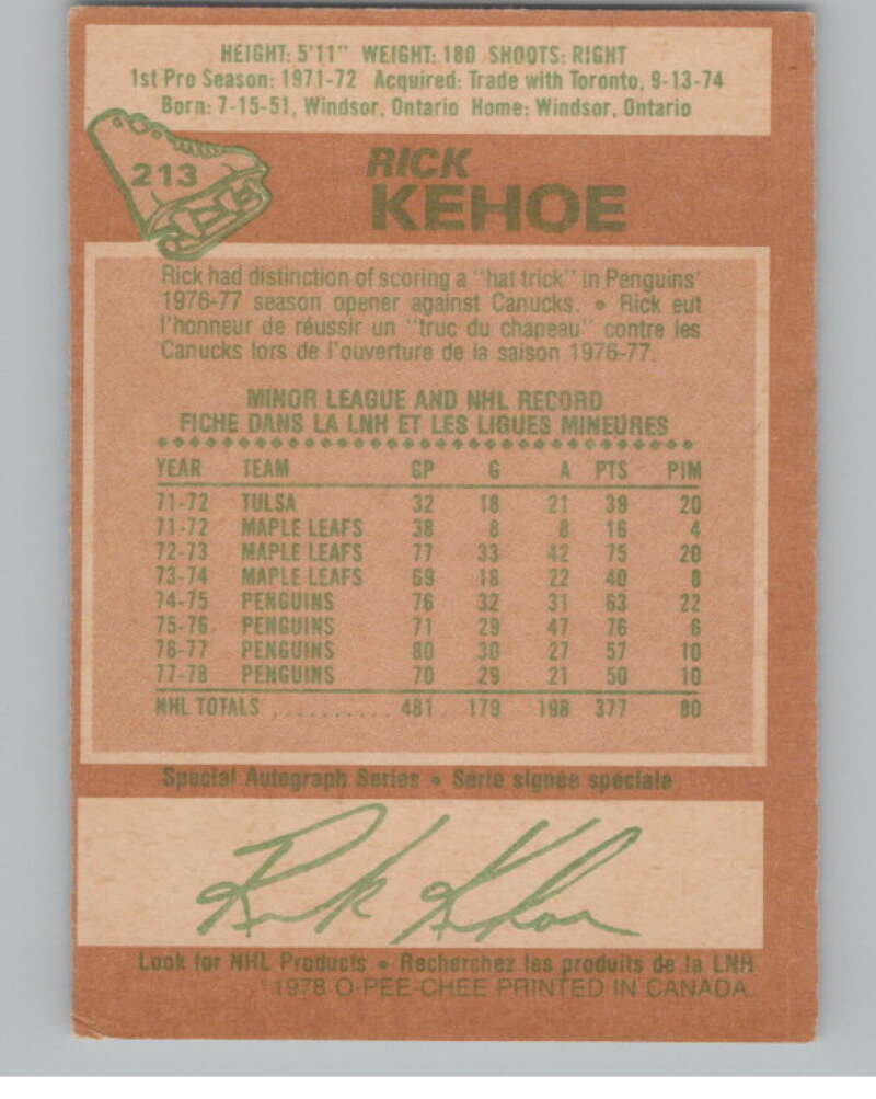 1978-79 O-Pee-Chee #213 Rick Kehoe  Hockey Pittsburgh Penguins  V104085 Image 2