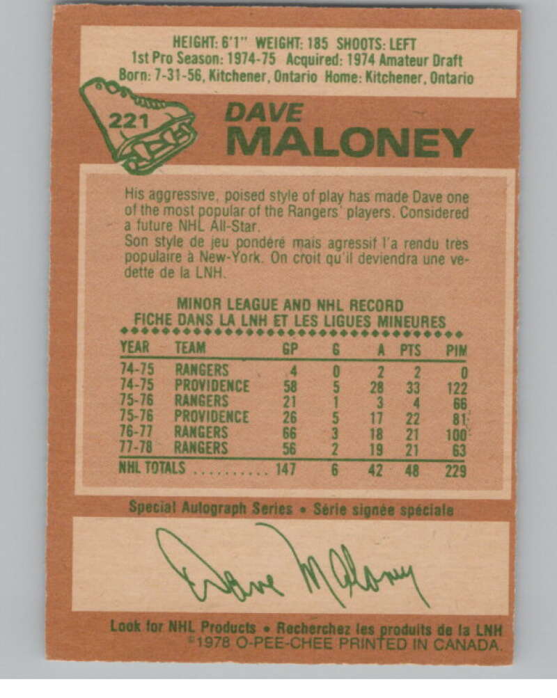 1978-79 O-Pee-Chee #221 Dave Maloney  Hockey New York Rangers  V104086 Image 2