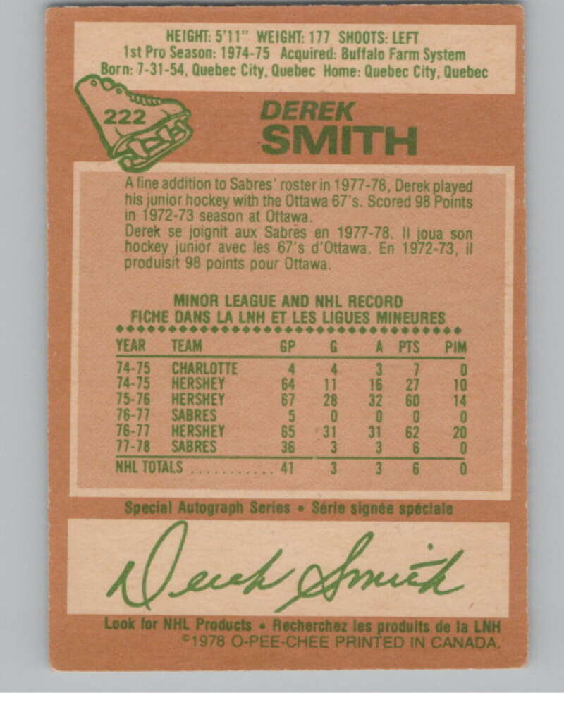 1978-79 O-Pee-Chee #222 Derek Smith  Hockey RC Rookie Buffalo Sabres  V104087 Image 2