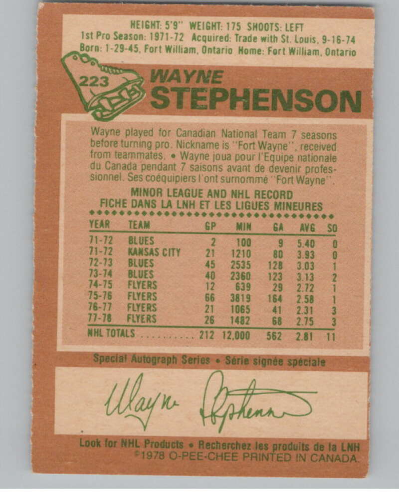1978-79 O-Pee-Chee #223 Wayne Stephenson  Hockey Philadelphia Flyers  V104088 Image 2