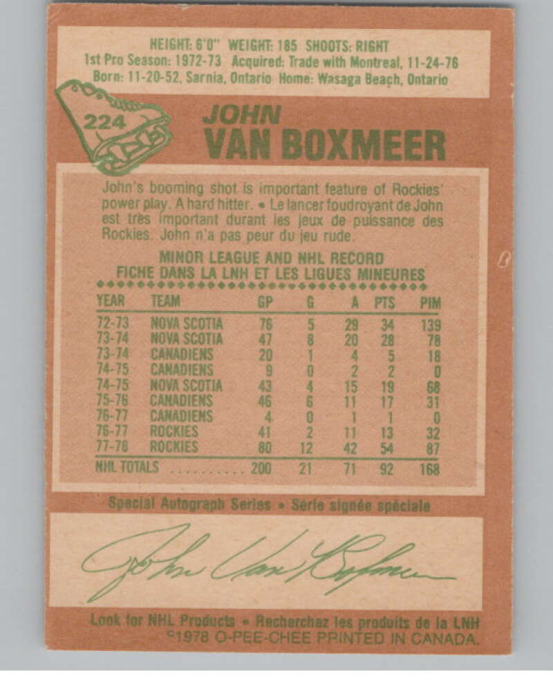1978-79 O-Pee-Chee #224 John Van Boxmeer  Hockey Colorado Rockies  V104089 Image 2