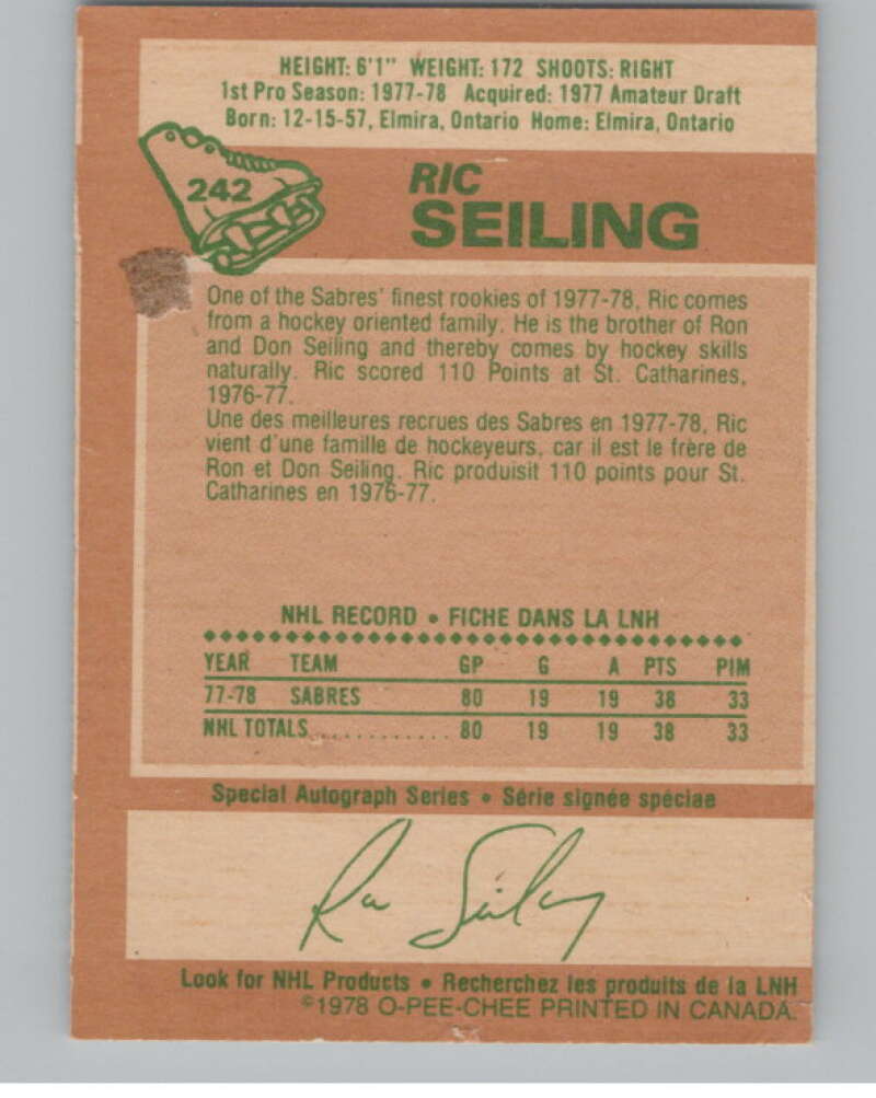 1978-79 O-Pee-Chee #242 Ric Seiling  Hockey RC Rookie Buffalo Sabres  V104091 Image 2