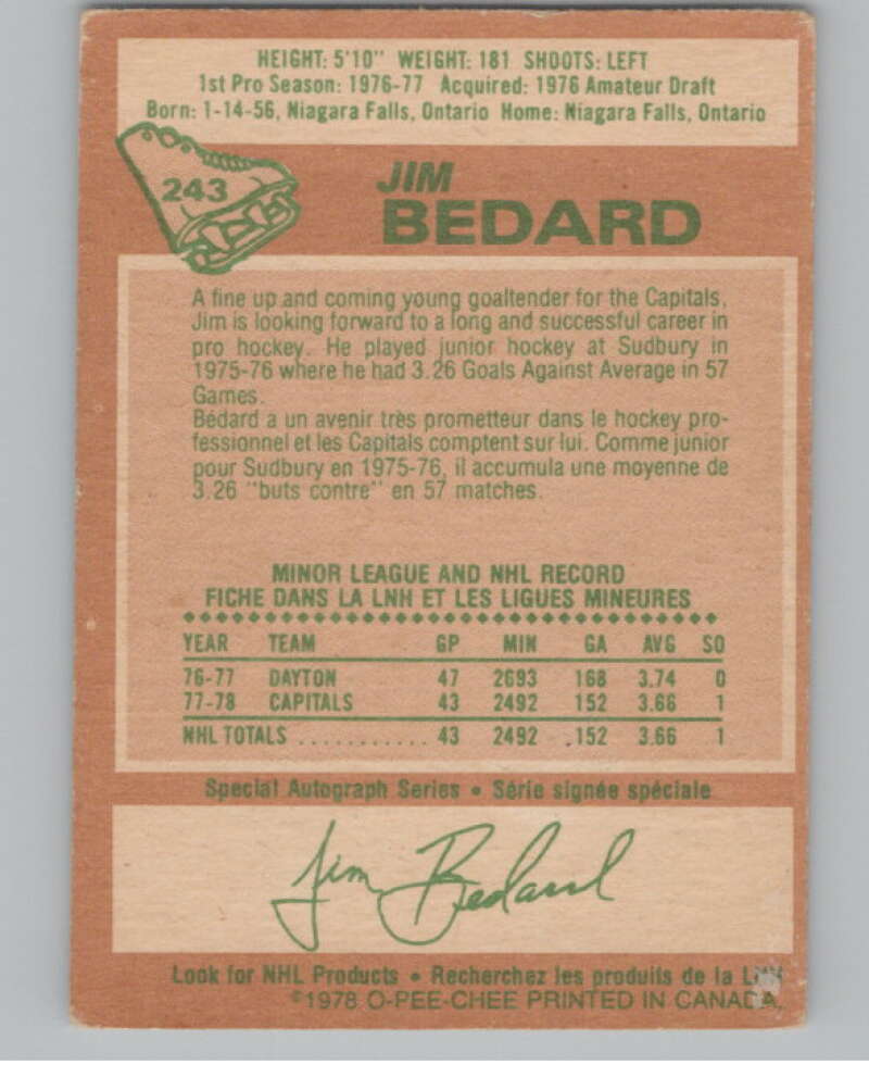 1978-79 O-Pee-Chee #243 Jim Bedard  Hockey RC Rookie Capitals  V104092 Image 2