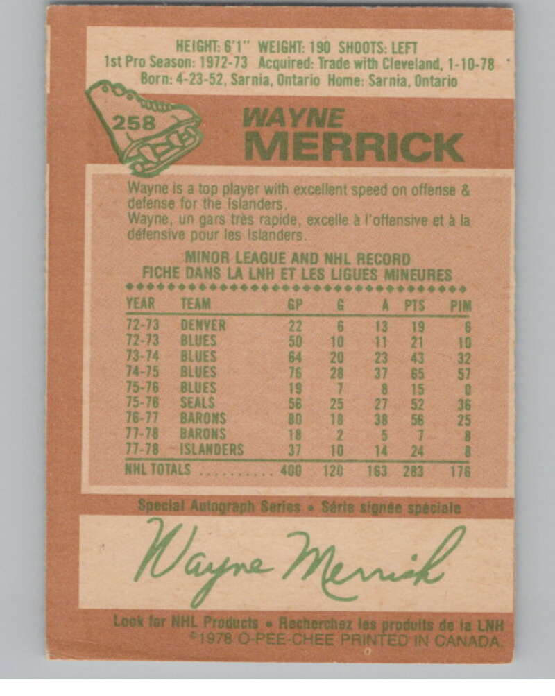 1978-79 O-Pee-Chee #258 Wayne Merrick  Hockey New York Islanders  V104098 Image 2