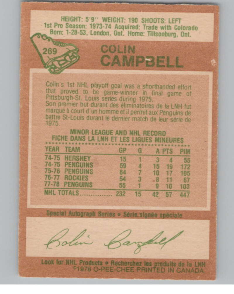 1978-79 O-Pee-Chee #269 Colin Campbell  Hockey Pittsburgh Penguins  V104099 Image 2