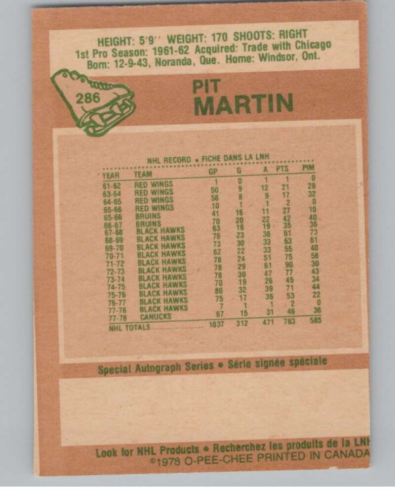 1978-79 O-Pee-Chee #286 Pit Martin  Hockey Vancouver Canucks  V104104 Image 2